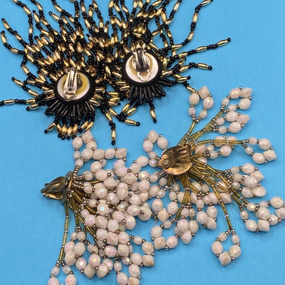 Vintage Cha Cha Seed Bead Earrings Long Two Pairs Cluster 1980's Clip Ons - Picture 5 of 9